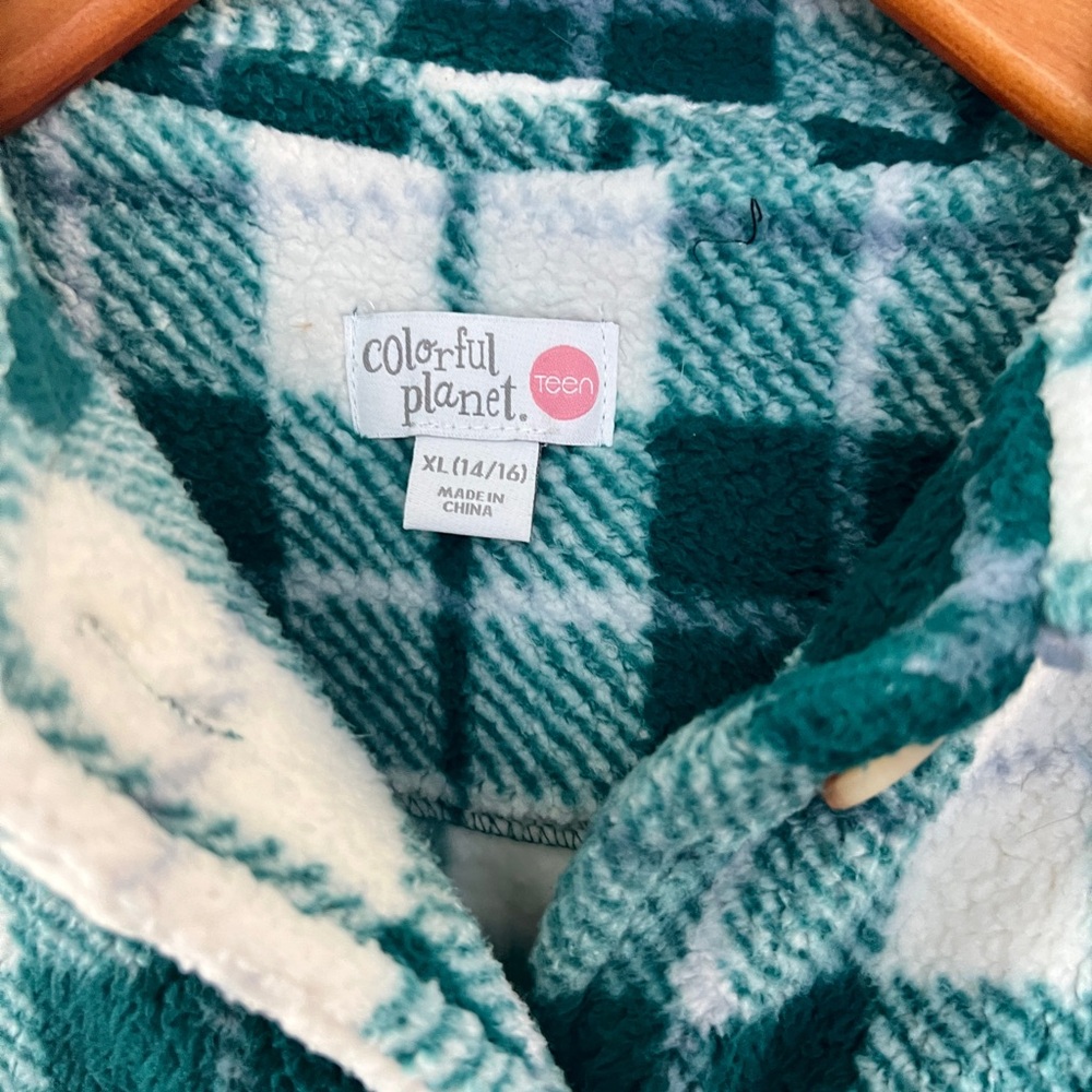 Colorful Planet Cream Green Plaid Sherpa Shacket Size Large 14-16 - Picture 5 of 6